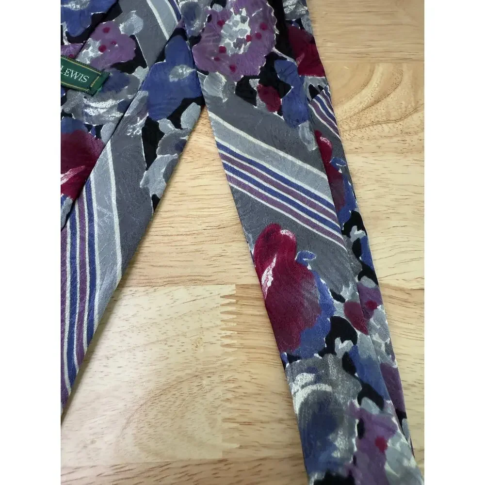 Marc Lewis Italy Men's Silk Neck Tie Purple Pink Silver Floral Abstract JL